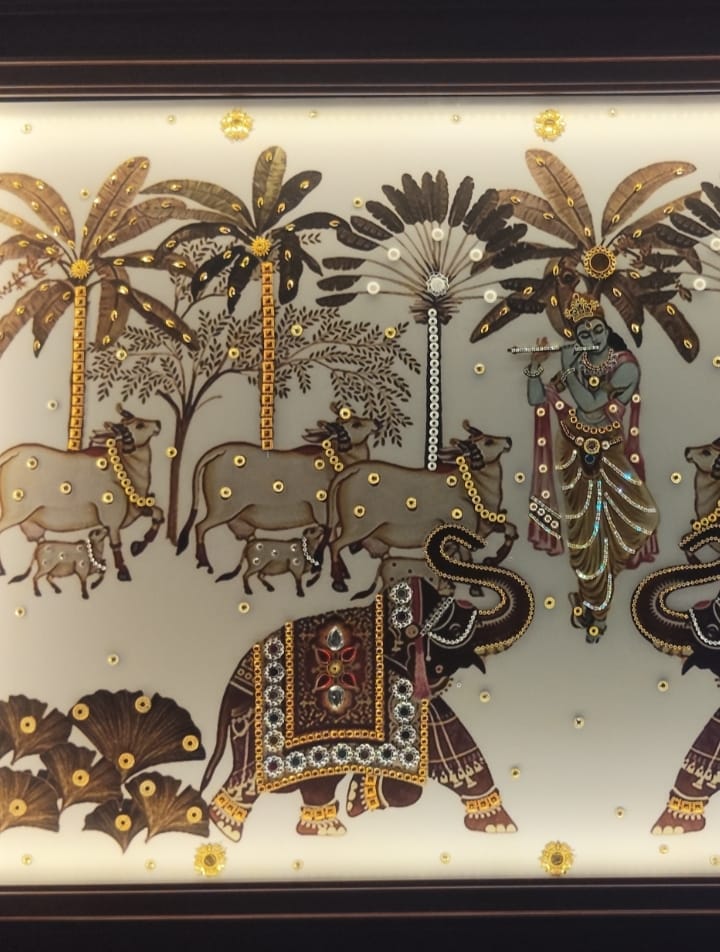 Shri Krishna Raas with Gajraj & Kamdhenu – Royal Kundan Glass Wall Art