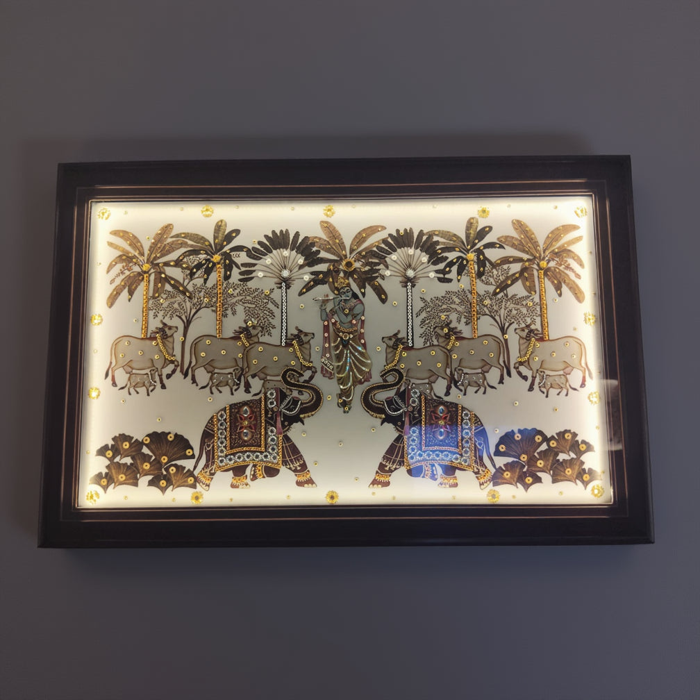 Shri Krishna Raas with Gajraj & Kamdhenu – Royal Kundan Glass Wall Art