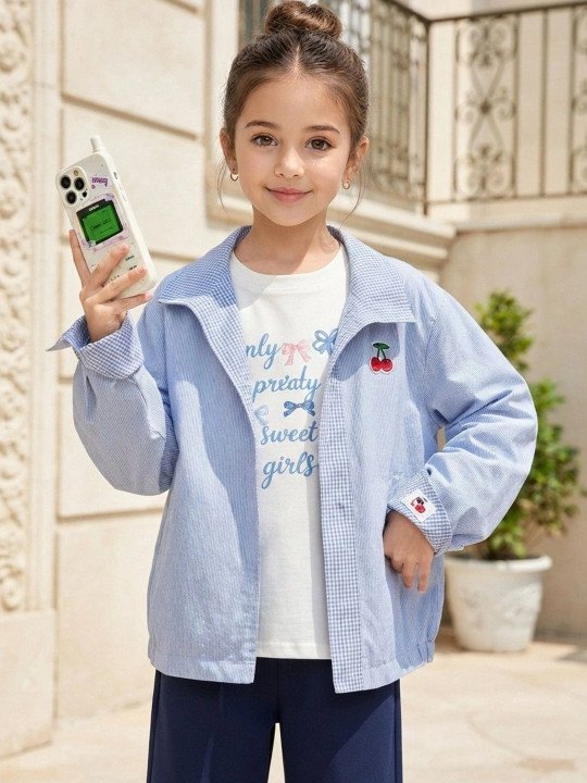 Girls Striped Open Front Jacket