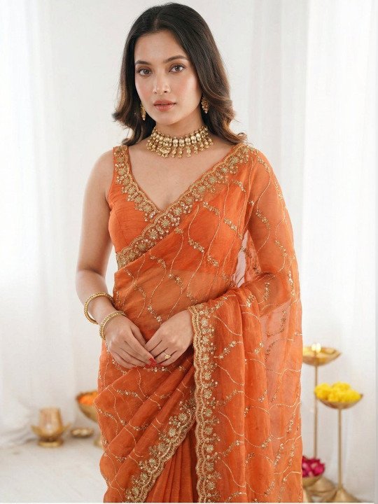 Embellished Sequinned Satin Heavy Work Saree