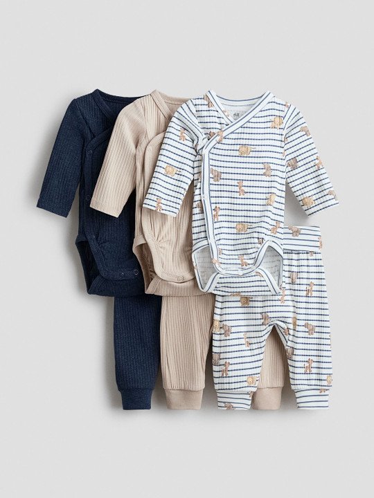 Boys Pack Of 3 Striped V-Neck Pure Cotton Bodysuit & Trousers