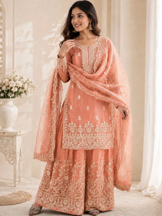 Women Embroidered Regular Thread Work Pure Silk Kurta with Sharara & With Dupatta