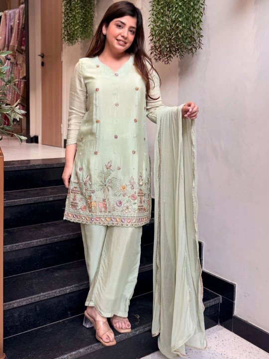 Women Ethnic Motifs Embroidered Regular Thread Work Silk Crepe Kurta with Palazzos & With Dupatta