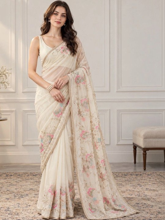 Ethnic Motifs Embroidered Poly Georgette Fusion Sambalpuri Saree