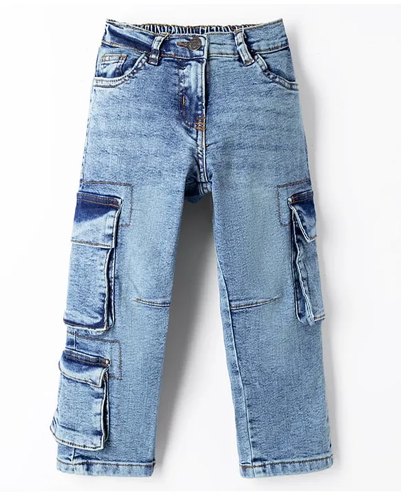 Kids Full Length Washed Denim Jeans with Cargo Pockets - Light Blue