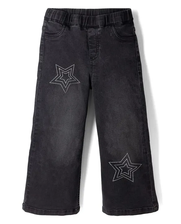 Denim Woven Full Length Jeans with Star Sequins in Black for 4-5 Years