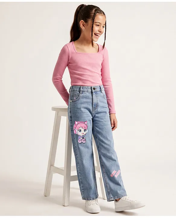 Pine Kids Denim Woven Full Length Jeans With Cartoon Patch - Blue