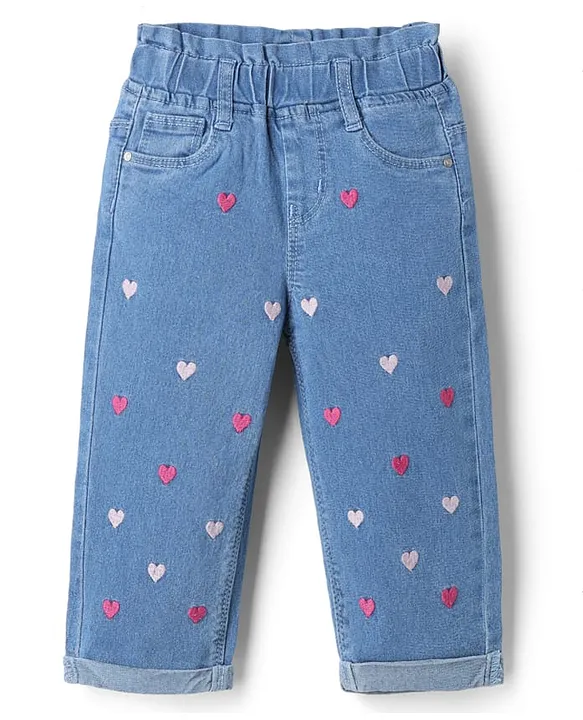 Denim Full Length Washed Jeans with Hearts Embroidery in Light/Sky Blue