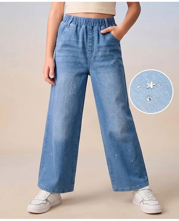 Cotton Lycra Full Length Denim Jeans With Stud & Shine Stone Embellishment - Blue