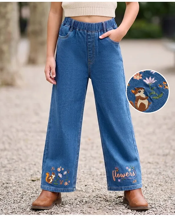 Cotton Lycra Full Length Denim Jeans With Floral Embroidery - Blue