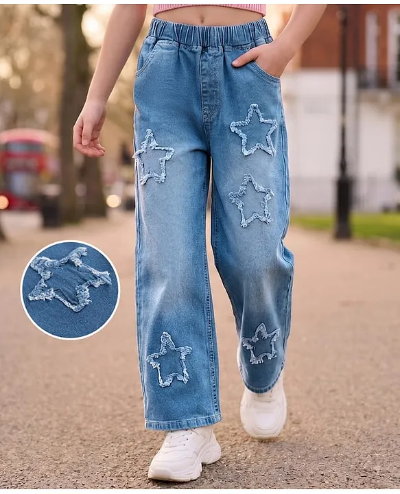 Cotton Lycra Full Length Denim Jeans With Star Embroidery - Blue