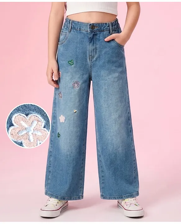 Cotton Lycra Denim Full Length Jeans with Floral Embroidery Detailing in Blue