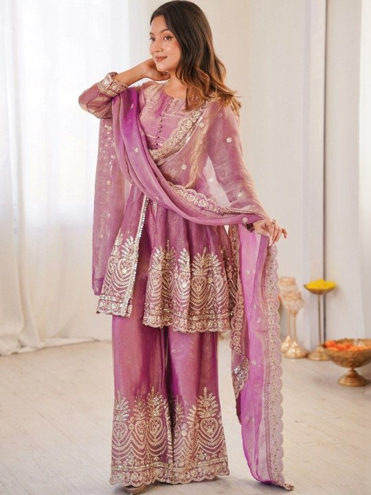 Women Ethnic Motifs Embroidered Regular Sequinned Silk Chiffon Kurta with Sharara & With Dupatta