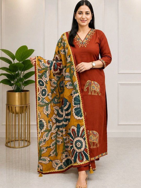 Women Ethnic Motifs Embroidered Regular Thread Work Kurta with Trousers & With Dupatta