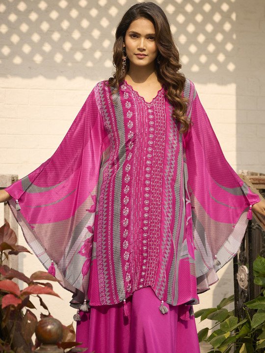 Floral Printed V-Neck Pure Silk Top With Palazzo