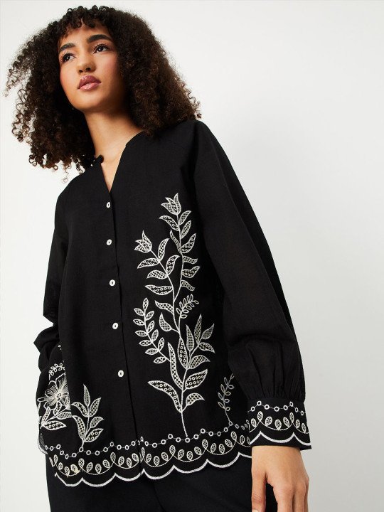 Women Cotton Mandarin Collar Embroidered Tunic