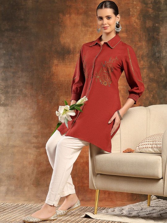 Women Paisley Embroidered Buttondown Shirt