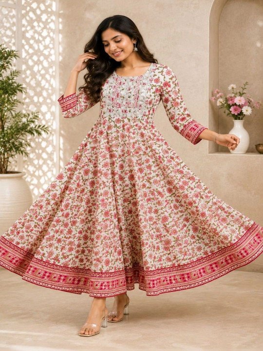 Printed Round Neck A-Line Ethnic Dresses