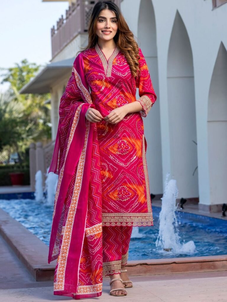 Bandhani Printed Sequinned Pure Cotton Straight Kurta With Trousers & Dupatta
