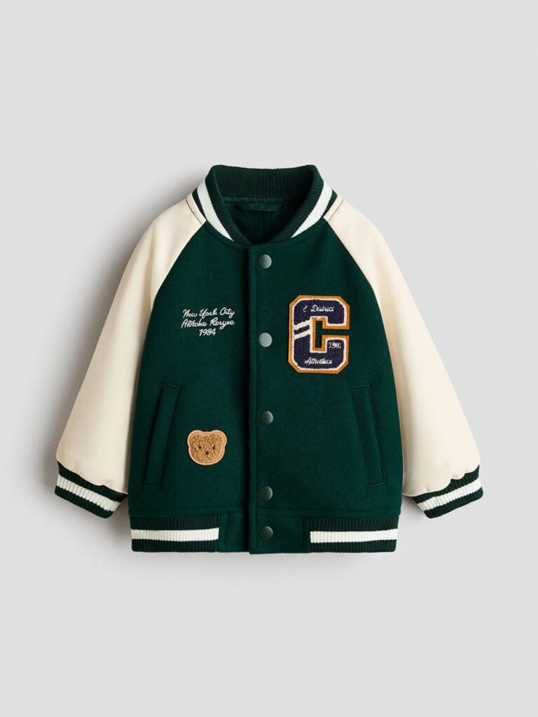 Boys Colourblocked Varsity Jacket with Embroidered
