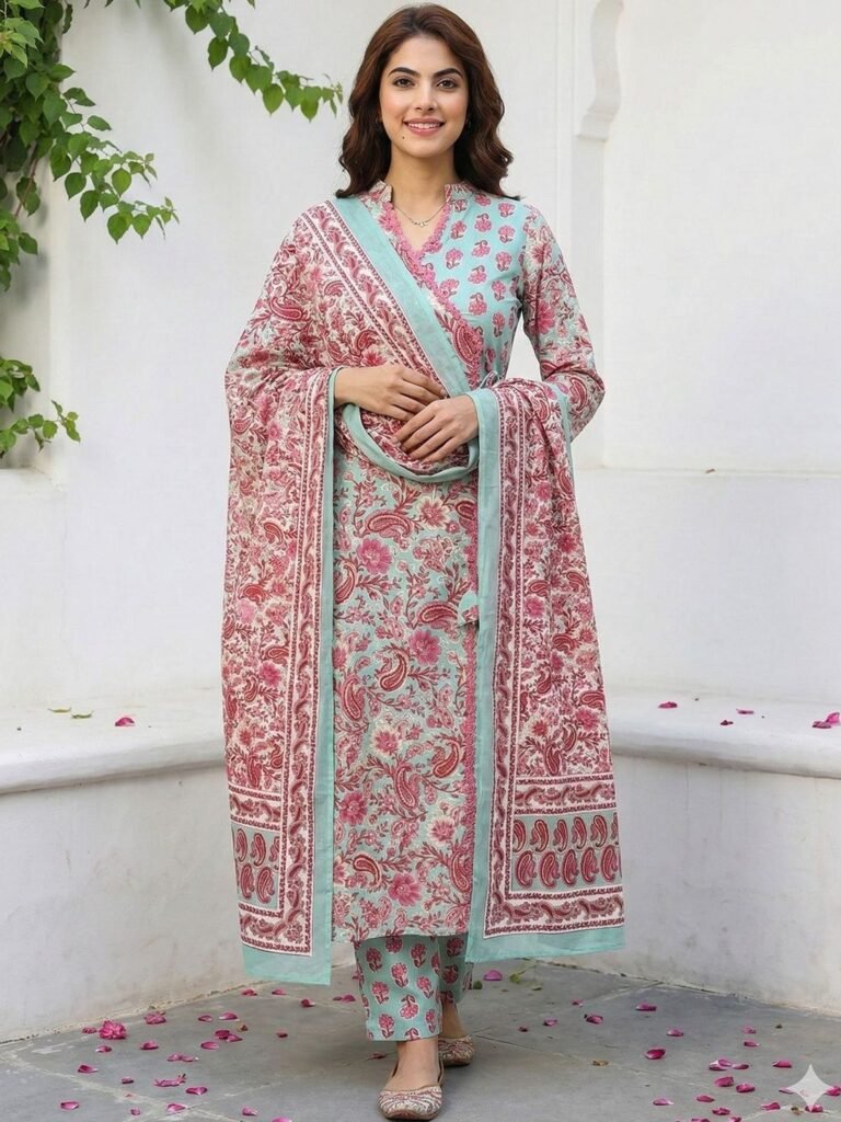 Women Floral Printed Angrakha Pure Cotton Kurta with Trousers & With Dupatta