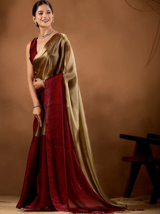 Women's Gold & Maroon Dual Tone Satin Saree with Patch Work