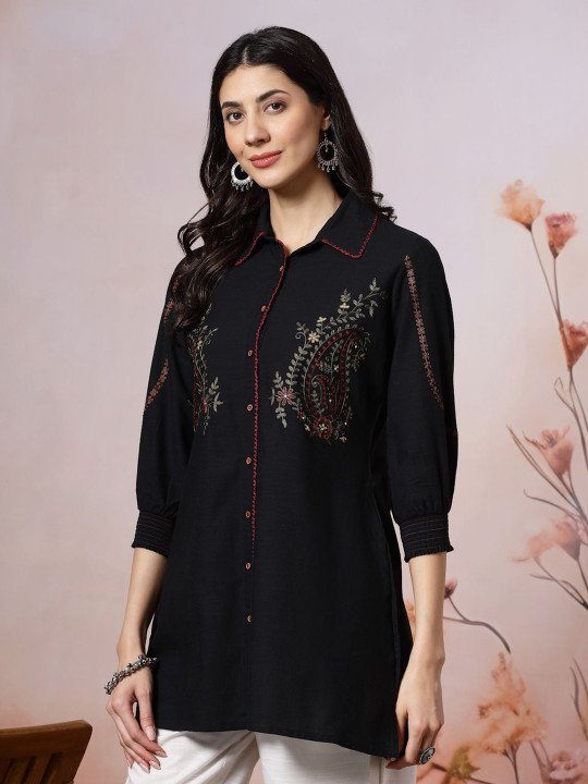 Women Paisley Embroidered Buttondown Shirt