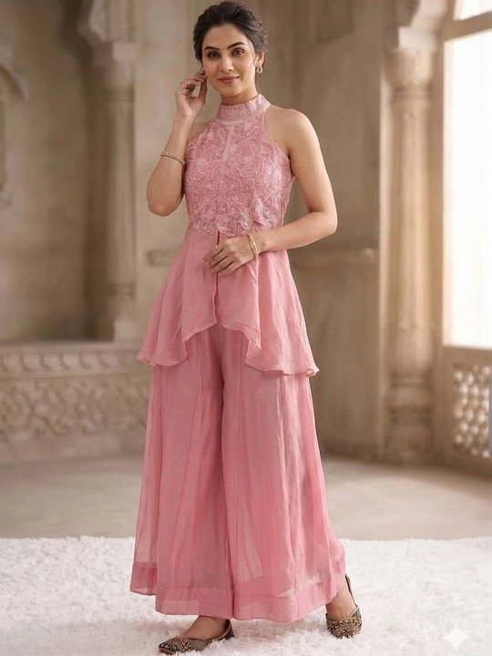 Women Ethnic Motifs Embroidered Tiered Thread Work Silk Crepe Kurta with Palazzos