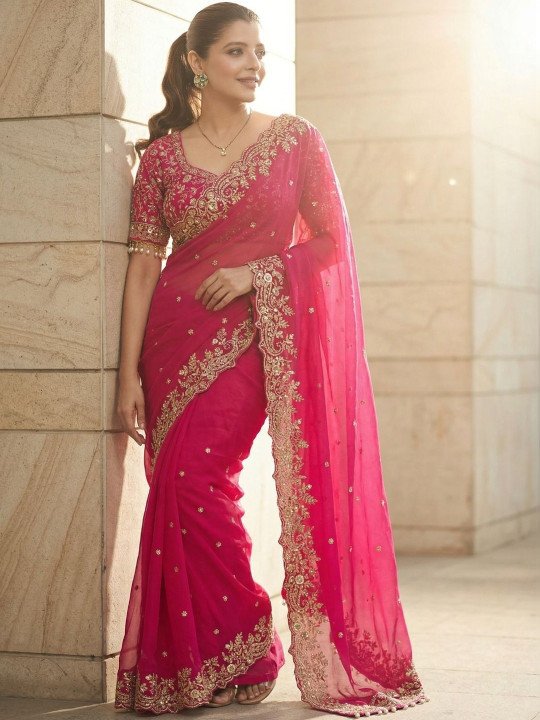 Ethnic Motifs Embroidered Satin Saree