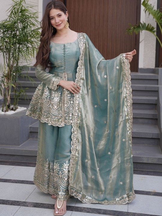 Women Ethnic Motifs Embroidered Empire Sequinned Kurti with Palazzos & With Dupatta