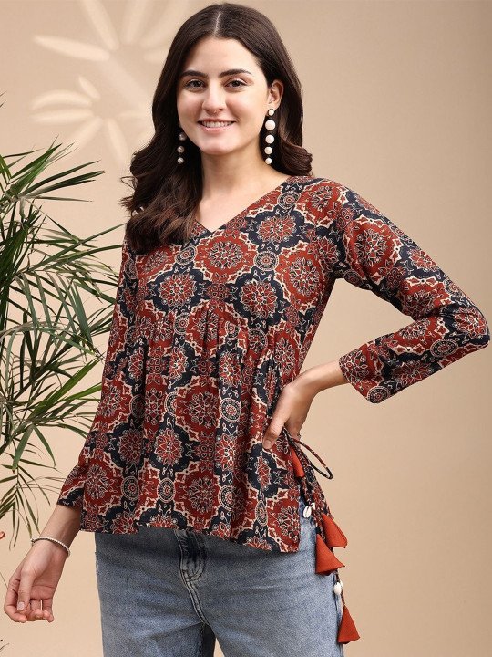 Women Ajrak Print Alia cut Peplum Kurti With Tassles and Kodi