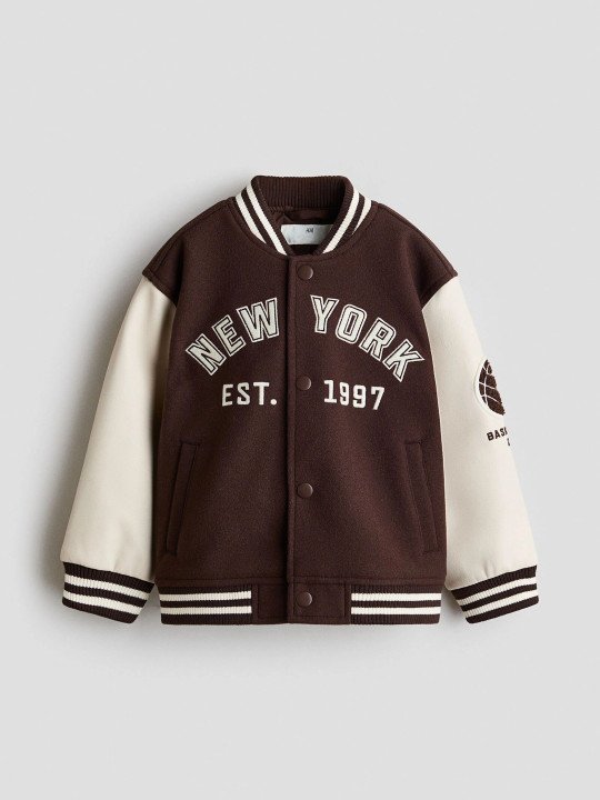 Boys Typography Colourblocked Varsity Jacket with Embroidered