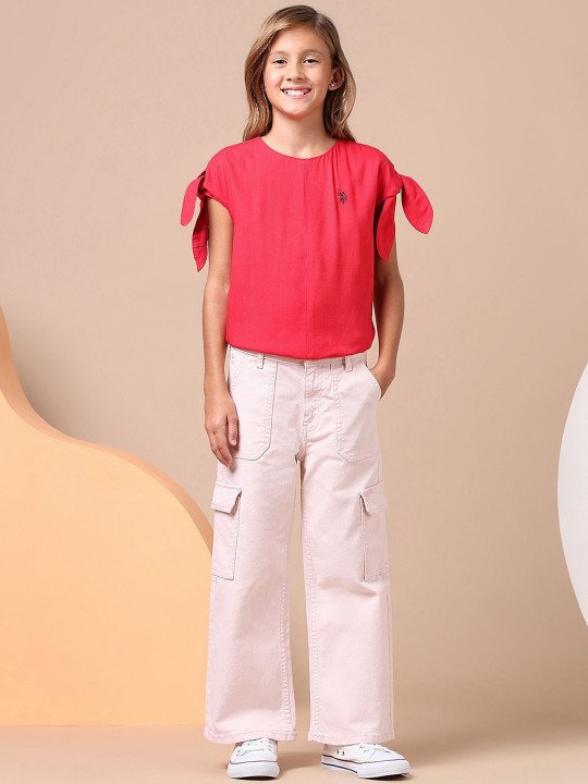Girls Cotton Wide Leg Mid-Rise Stretchable Cargo Jeans