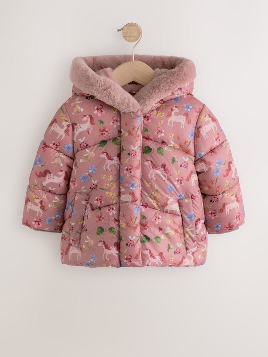 Girls Floral Printed Hooded Puffer Jacket