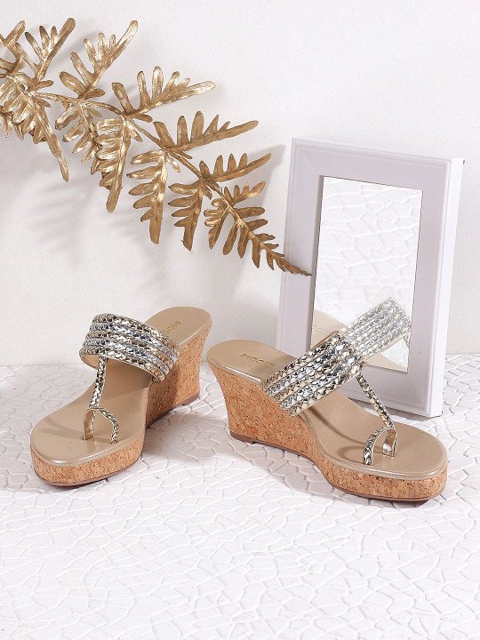 Women Gold-Toned Embellished T- Strap Wedge