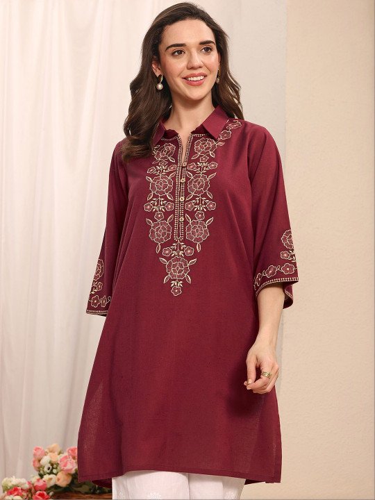 Rust Embroidered Cotton Straight Short Kurti
