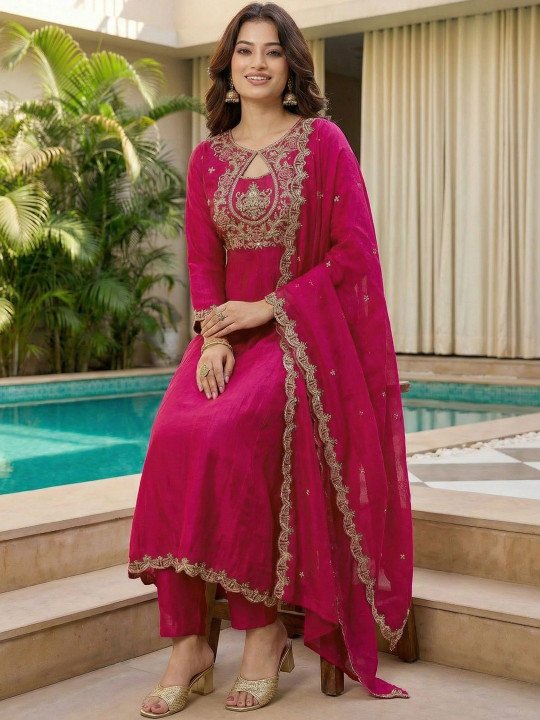 Women Ethnic Motifs Embroidered Empire Thread Work Kurta with Trousers & With Dupatta