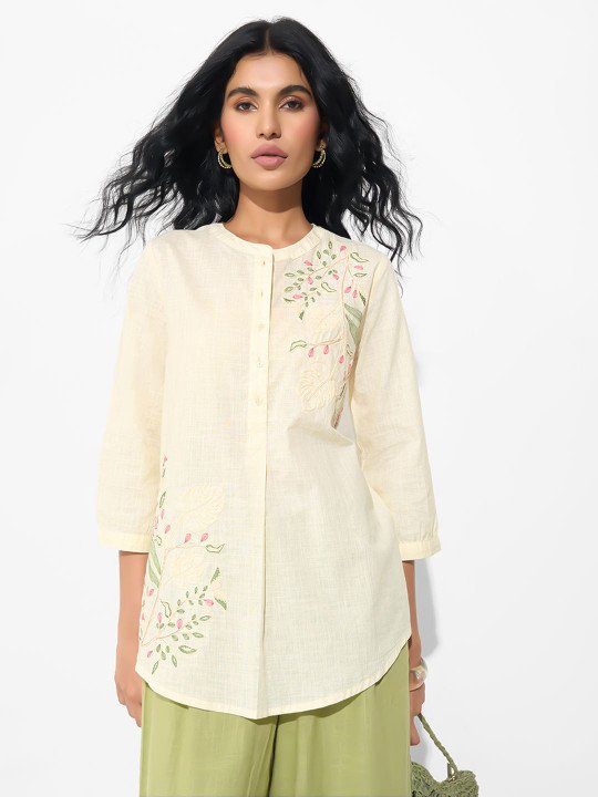 Women Band Collar Embroidered Cotton Tunic