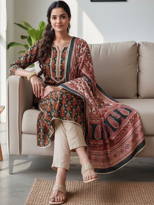 Women Ethnic Motifs Printed Thread Work Pure Cotton Kurta With Trousers & Dupatta