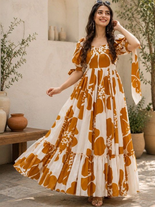 Printed Pure Cotton Square Neck Gown Ethnic Dresses