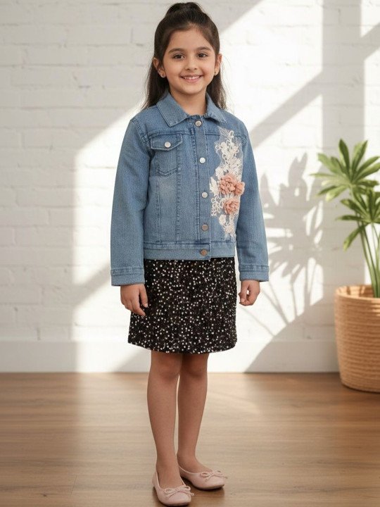 Girls Floral Denim Jacket with Embroidered