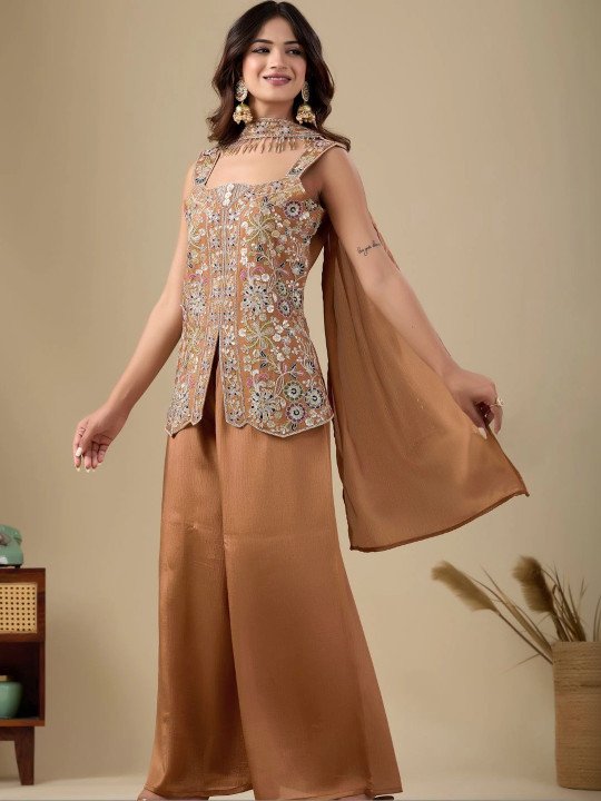 Women Floral Embroidered Regular Sequinned Kurta with Palazzos & With Dupatta