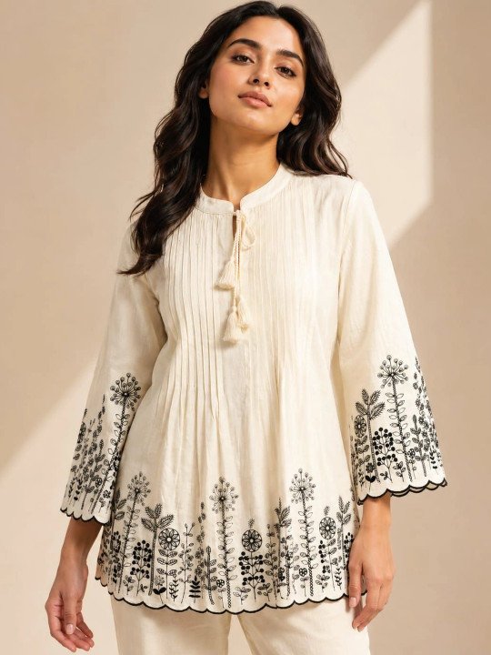 Organic Cotton Mandarin Collar Floral Embroidered Tie-Ups Tunic