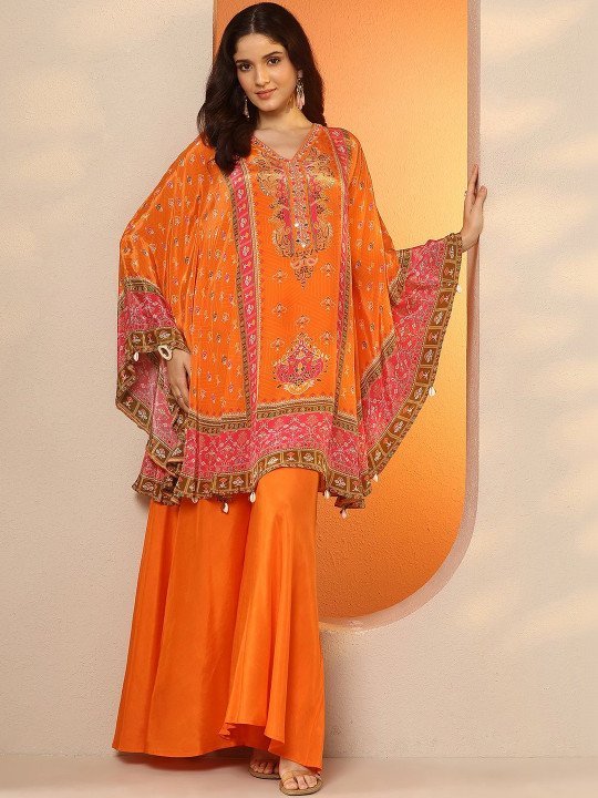 Women Ethnic Motifs Printed Regular Patchwork Silk Crepe Kurta with Palazzos