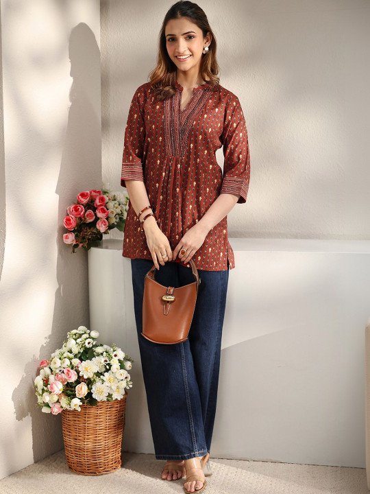 Rust Ethnic Printed Straight Short Kurti