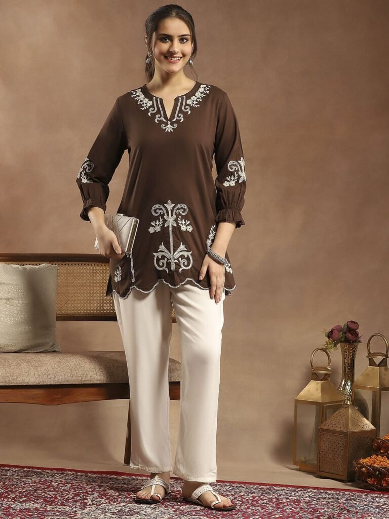 Women Floral Embroidered Round Neck Top