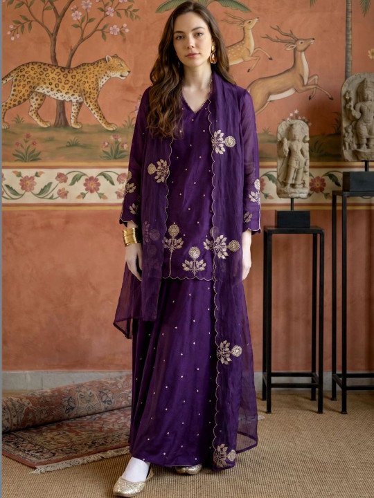 Women Ethnic Motifs Embroidered Regular Pure Silk Kurta with Palazzos & With Dupatta