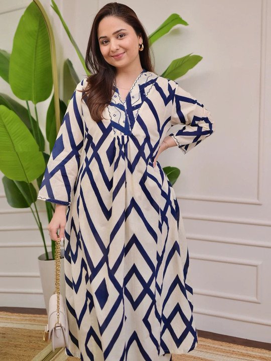 Geometric Printed A-Line Pure Cotton Kurta With Trouser