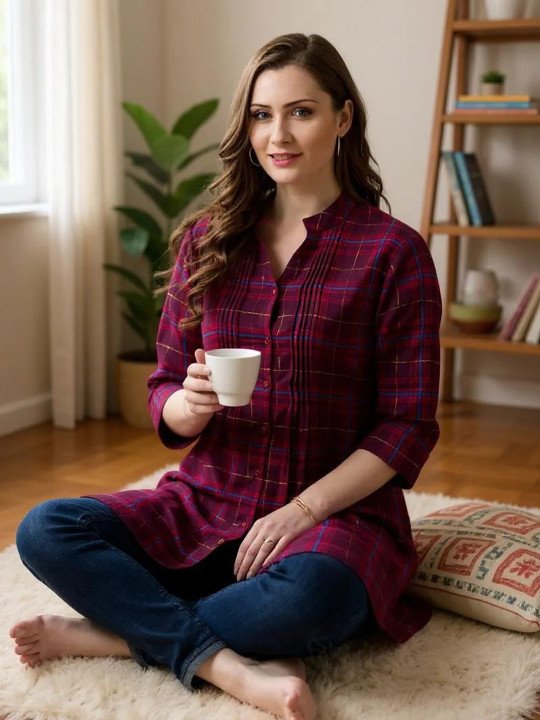 Women Mandarin Collar Checked Tunic
