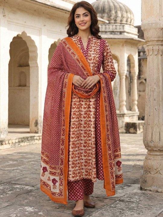 Women Floral Printed Regular Pure Cotton Kurta with Trousers & With Dupatta